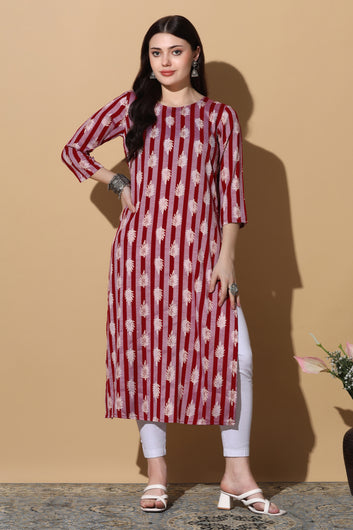 Womens Maroon Polyester All-Over Printed Straight Kurta