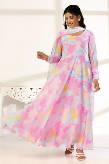 Womens Multicolor Georgette Printed A-Line Maxi Length Dress With Dupatta Set