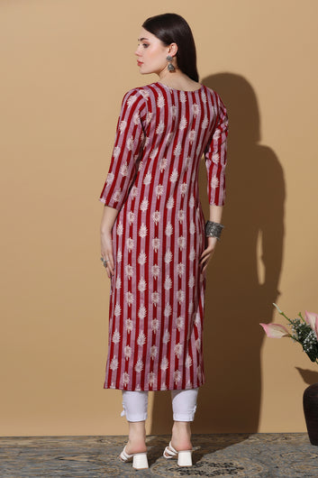 Womens Maroon Polyester All-Over Printed Straight Kurta