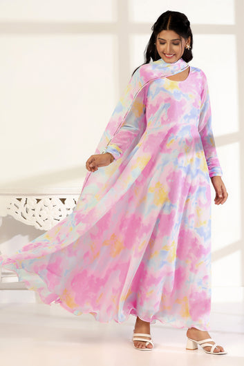 Womens Multicolor Georgette Printed A-Line Maxi Length Dress With Dupatta Set