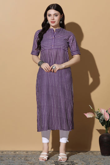 Womens Purple Cotton Stripe Printed Straight Kurta