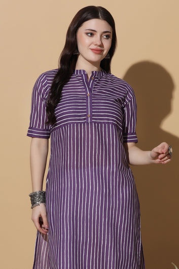 Womens Purple Cotton Stripe Printed Straight Kurta
