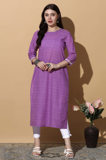 Womens Purple Cotton Bandhani Printed Straight Kurta