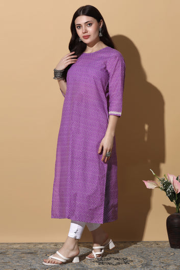 Womens Purple Cotton Bandhani Printed Straight Kurta