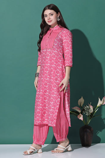 Womens Pink Cotton All-Over Printed Kurta With Pant Set
