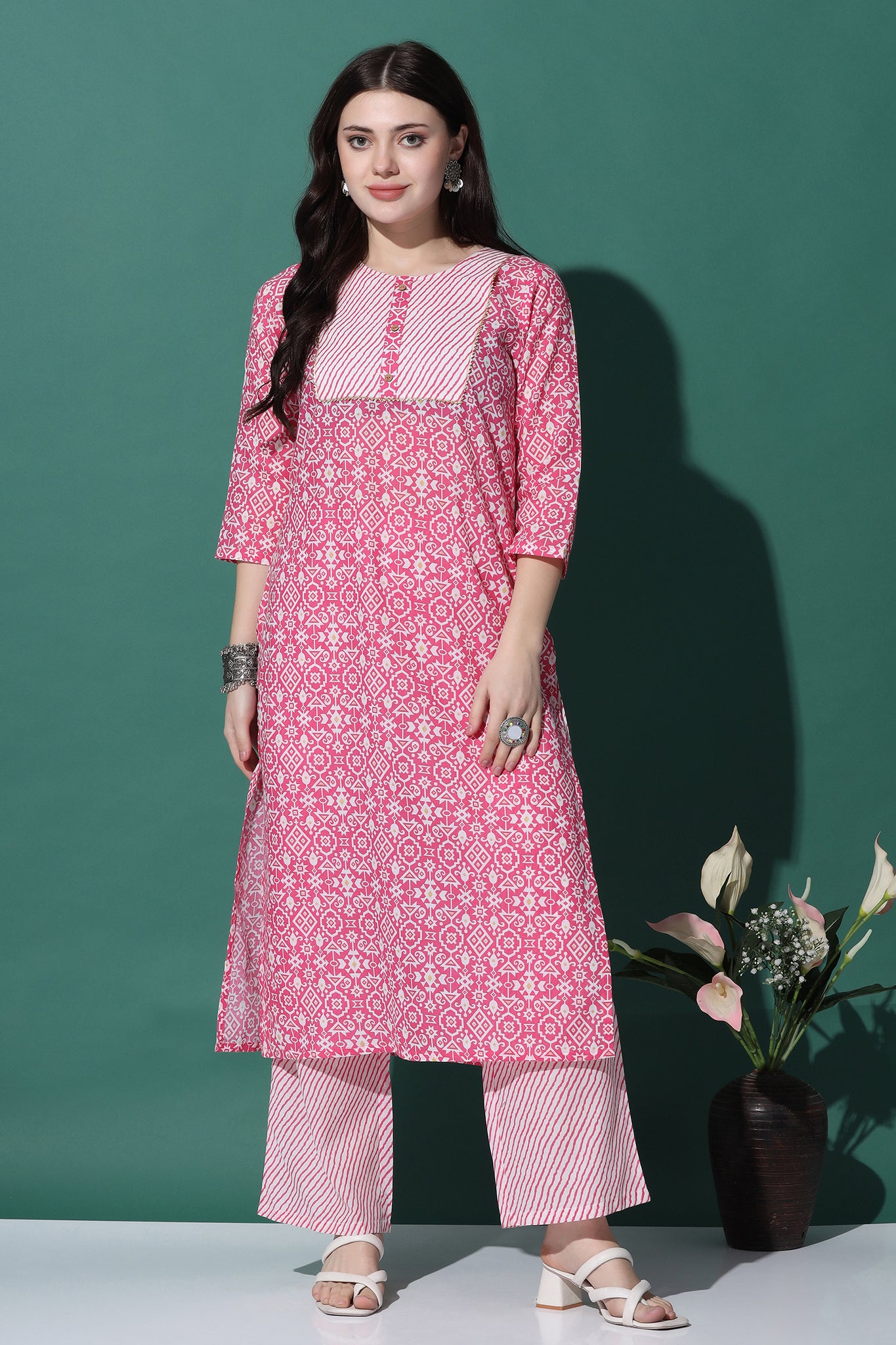 Womens Pink Cotton All-Over Printed Kurta With Pant Set