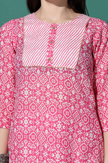 Womens Pink Cotton All-Over Printed Kurta With Pant Set