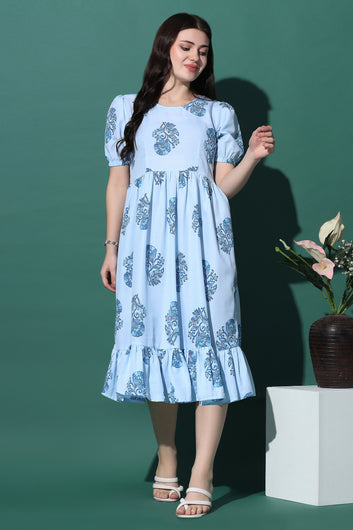 Womens Blue Slub Floral Printed Knee Length Dress