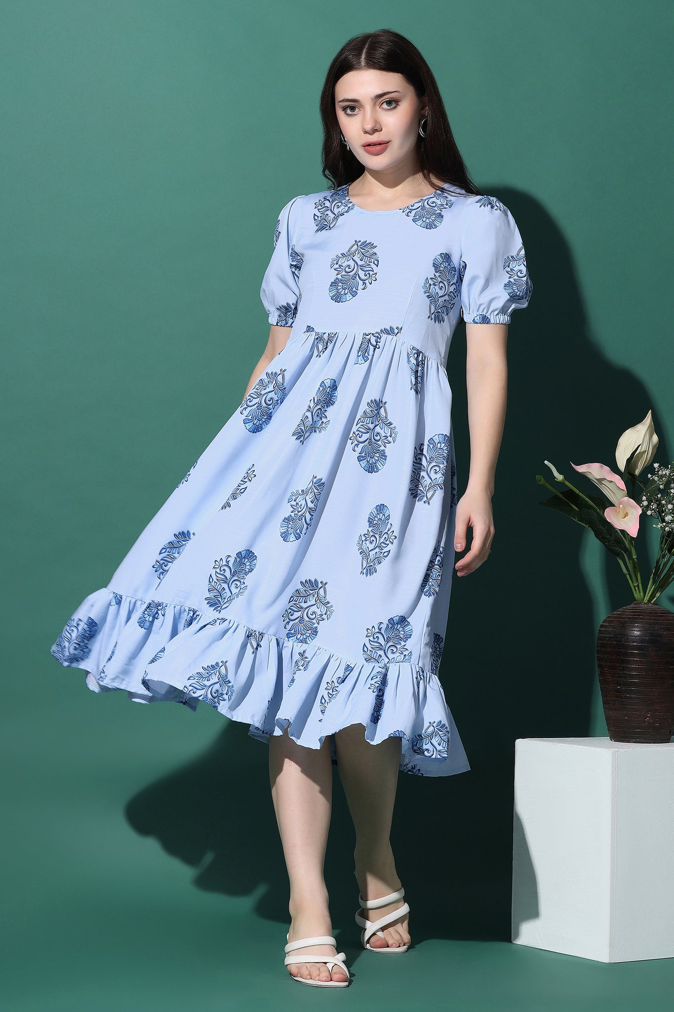 Womens Blue Slub Floral Printed Knee Length Dress