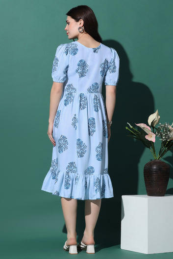 Womens Blue Slub Floral Printed Knee Length Dress