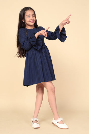 Girl's Navy Blue Striped Printed Above Knee Length Dresses