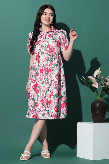 Womens Multicolor Slub Floral Printed Knee Length Dress