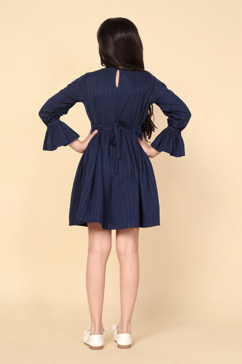 Girl's Navy Blue Striped Printed Above Knee Length Dresses
