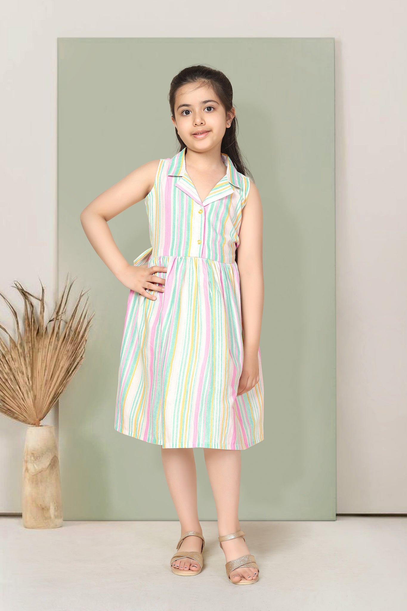 Girls Multicolor Striped Printed Fit And Flare Dress