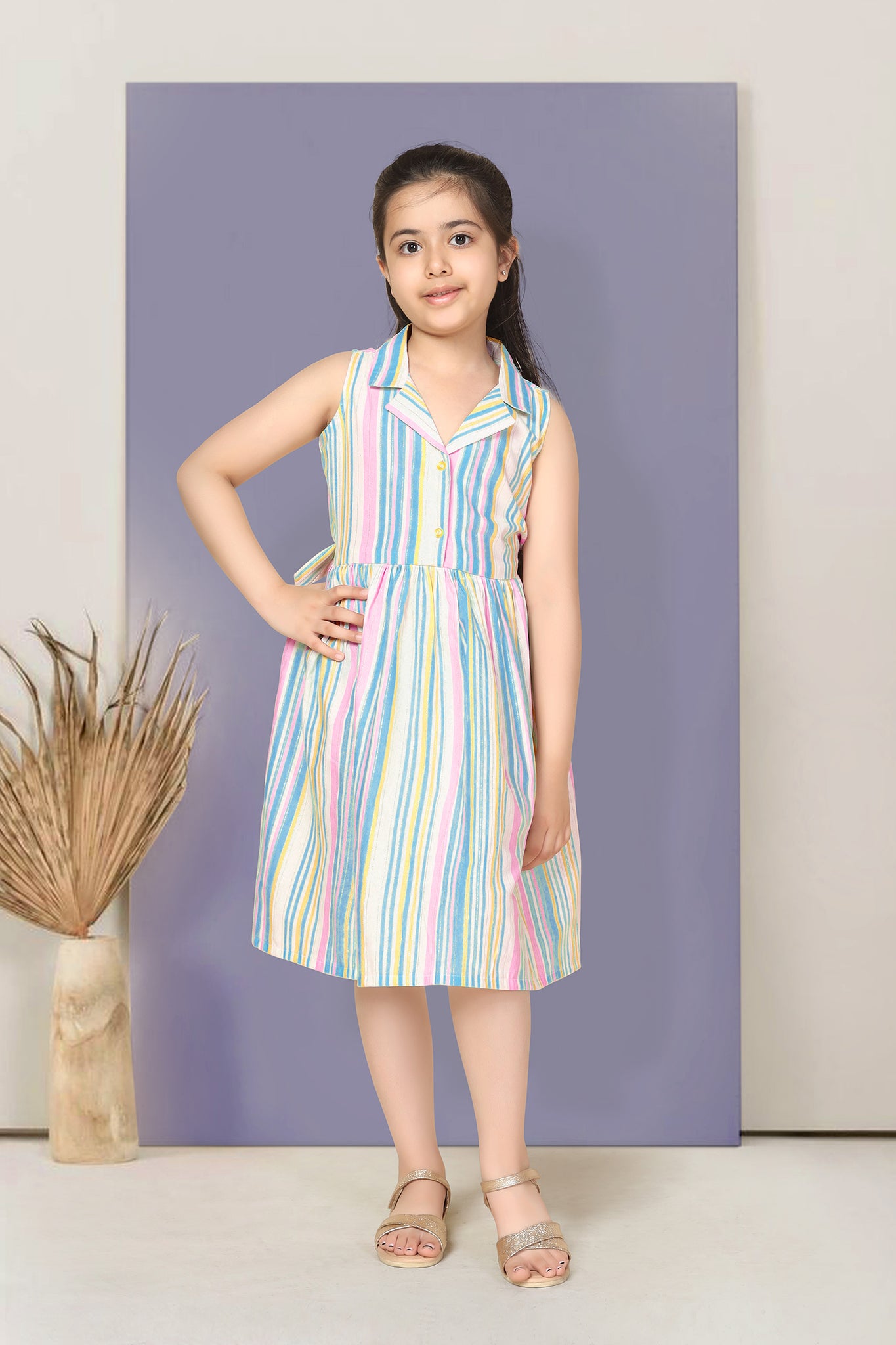 Girls Multicolor Cotton Striped Printed Fit & Flare Knee Length Dress