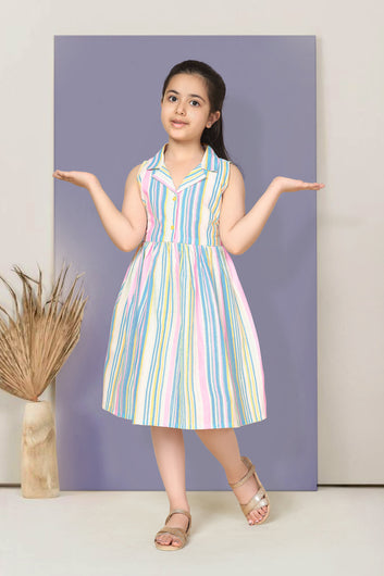 Girls Multicolor Cotton Striped Printed Fit & Flare Knee Length Dress