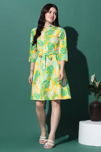 Womens Leman Yellow Slub Floral Printed Knee Length Dress