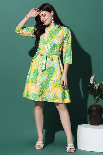 Womens Leman Yellow Slub Floral Printed Knee Length Dress