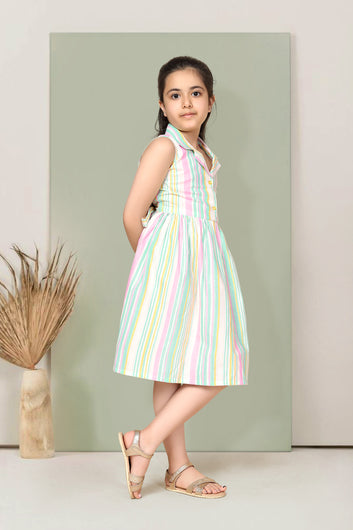 Girls Multicolor Striped Printed Fit And Flare Dress