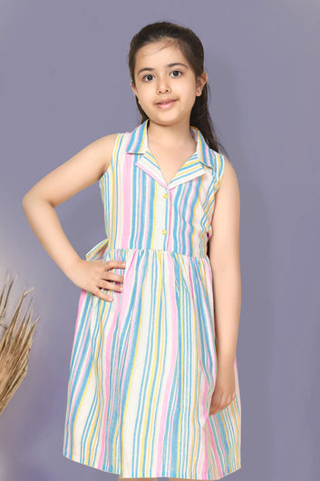 Girls Multicolor Cotton Striped Printed Fit & Flare Knee Length Dress