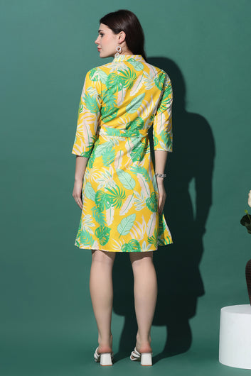 Womens Leman Yellow Slub Floral Printed Knee Length Dress