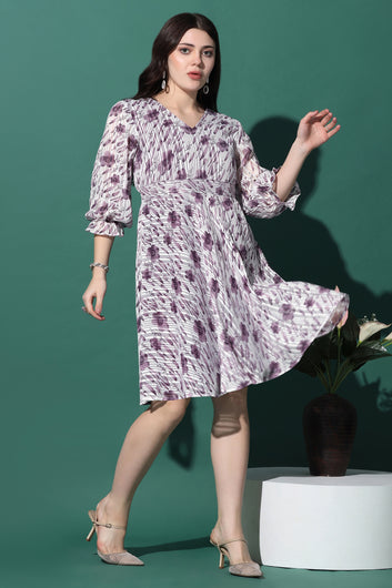 Womens Purple Georgette All-Over Printed Above Knee Length Dress