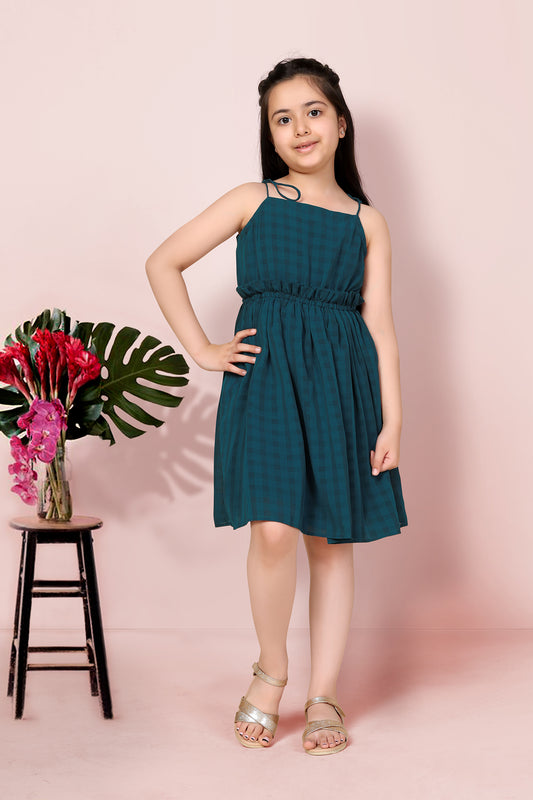 Girls Teal Blue Checked Fit And Flare Dress