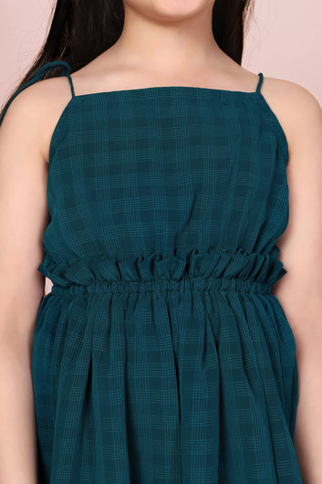 Girls Teal Blue Checked Fit And Flare Dress