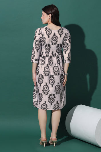 Womens Grey Slub Floral Printed Knee Length Dress