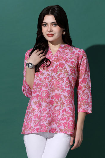 Womens Pink Cotton Floral Printed Top