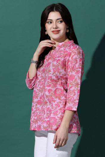 Womens Pink Cotton Floral Printed Top