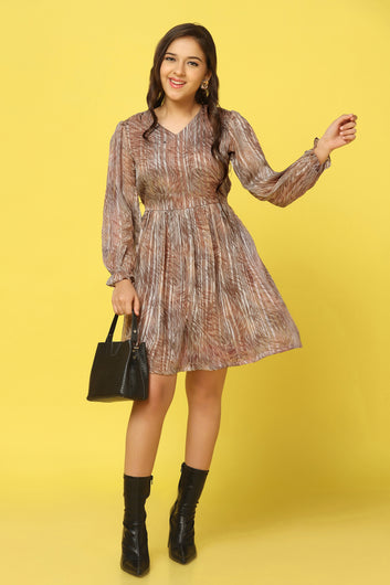 Girls Brown Georgette All-Over Printed Above Knee Length Dress