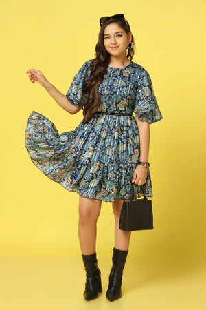 Girls Blue Georgette Floral Printed Knee Length Dress