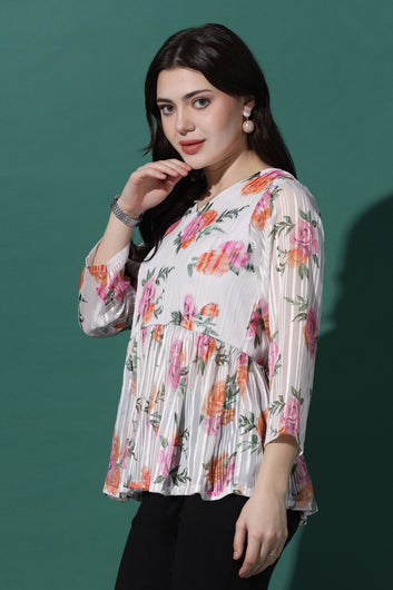 Womens White Floral Printed Georgette Top