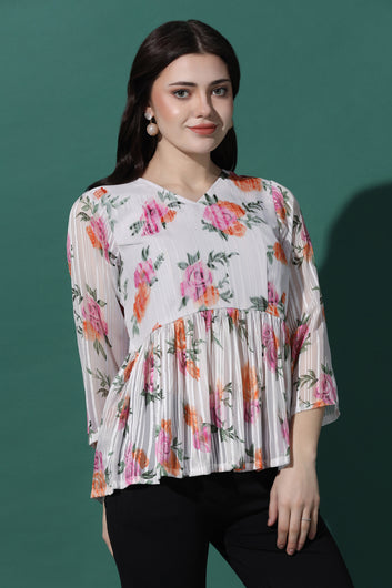 Womens White Floral Printed Georgette Top