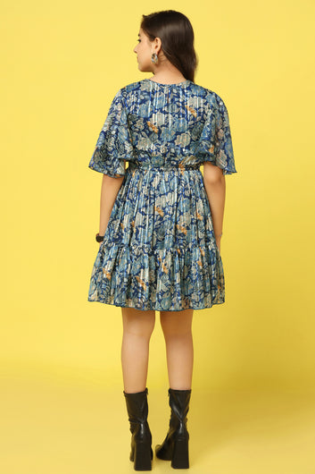 Girls Blue Georgette Floral Printed Knee Length Dress