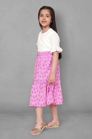 Girls White Top With  Purple Floral Skirt Set