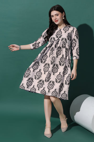 Womens Grey Slub Floral Printed Knee Length Dress