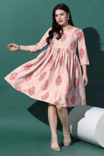 Womens Light Peach Floral Printed Knee Length Dress