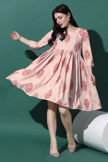 Womens Light Peach Floral Printed Knee Length Dress