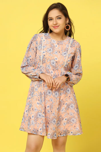 Girls Peach Chiffon Fit and Flare Floral Print Dress