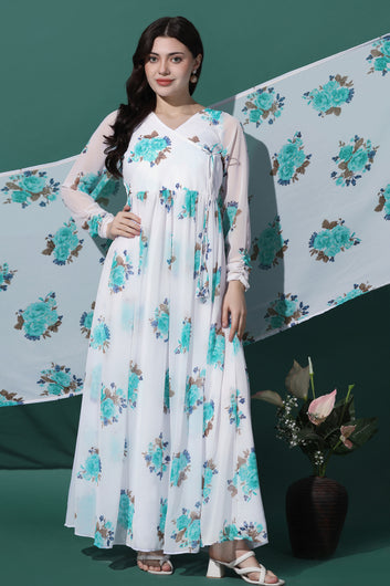 Womens White Georgette Floral Printed Maxi Dress With Dupatta Set