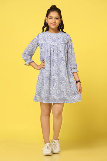Girls Light Grey Chiffon Fit and Flare Floral Print Dress
