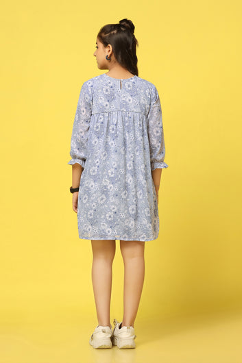 Girls Light Grey Chiffon Fit and Flare Floral Print Dress