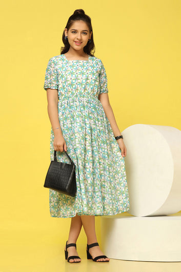 Girls Green Georgette Floral Printed Calf Length Dress