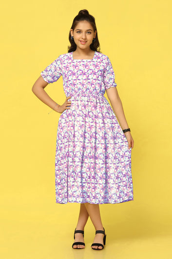 Girls Voilet Georgette Floral Printed Fit & Flare Midi Length Dress