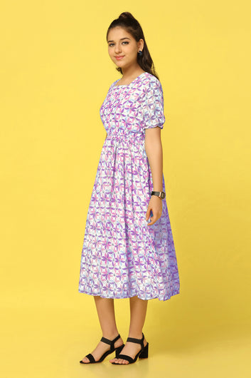 Girls Voilet Georgette Floral Printed Fit & Flare Midi Length Dress