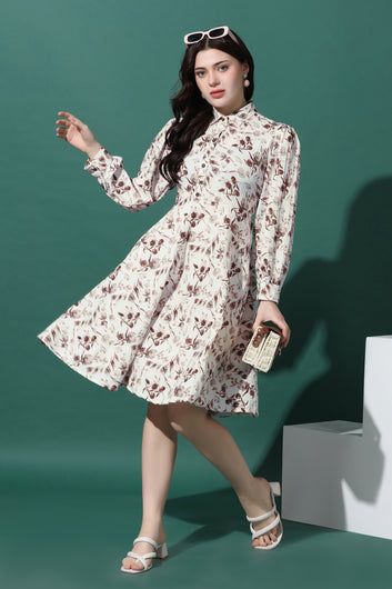 Womens White Sugarcane All-Over Printed Fit And Flare Mini Length Dress