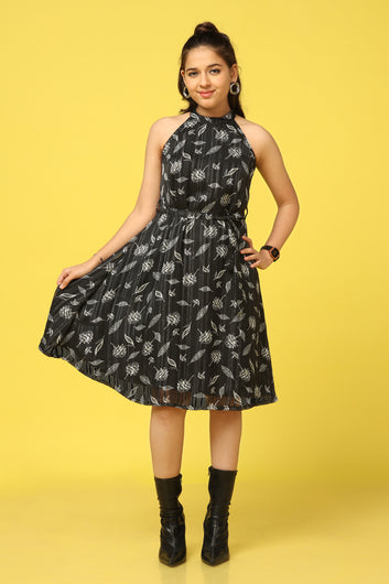 Girls Black Georgette All-over Printed Knee Length Dress