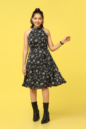Girls Black Georgette All-over Printed Knee Length Dress